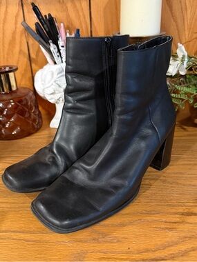 Black Leather Square-Toe Ankle Boots